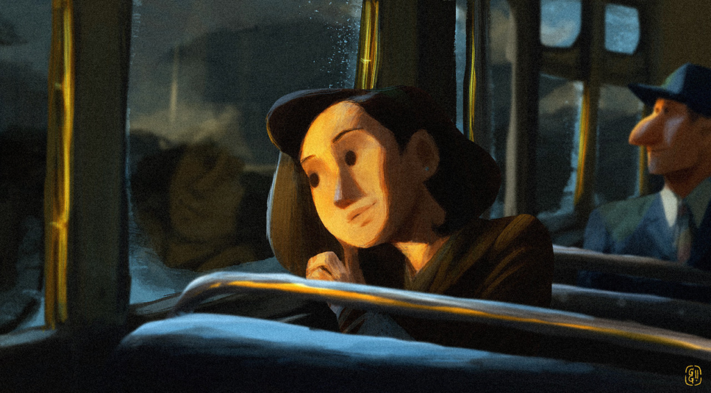 Ilustración de 'La forma del agua'. Se ve a Elisa con la cabeza recostada en la ventana de un bus de transporte público.